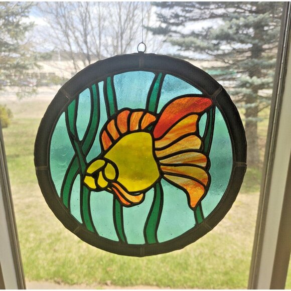 Vintage Hand Made Stained Glass Window Hanging 10" Diameter Angelfish - Picture 1 of 13